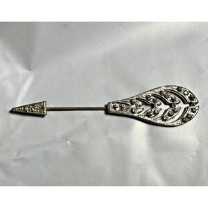 Vintage Silver Tone Jabot Pot Stick Pin Brooch Arrow  Feather Rhinestone Antique